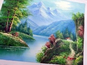 【風景油絵】 黒いフレーム・自然画 メイヤー油絵額F6号サイズ紘黒額 崇高な山々